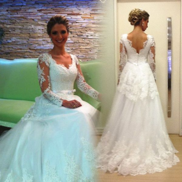 long sleeve lace wedding dresses bow sash v neck appliques lace tulle a line handmade bridal gowns romantic custom size, White
long sleeve lace wedding dresses bow sash v neck appliques lace tulle a line handmade bridal gowns romantic custom size, White