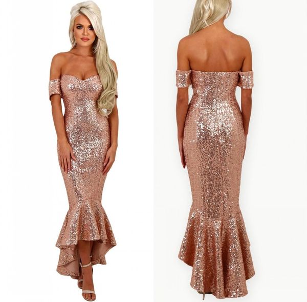 sparkly rose gold sequined mermaid prom dresses 2018 off the shoulder high low formal evening party gowns custom made, Black
sparkly rose gold sequined mermaid prom dresses 2018 off the shoulder high low formal evening party gowns custom made, Black