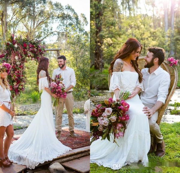 summer style lace wedding dresses off-the-shoulder 2019 design short sleeve country boho bridal gowns robe de mariage popular w1007, White
summer style lace wedding dresses off-the-shoulder 2019 design short sleeve country boho bridal gowns robe de mariage popular w1007, White