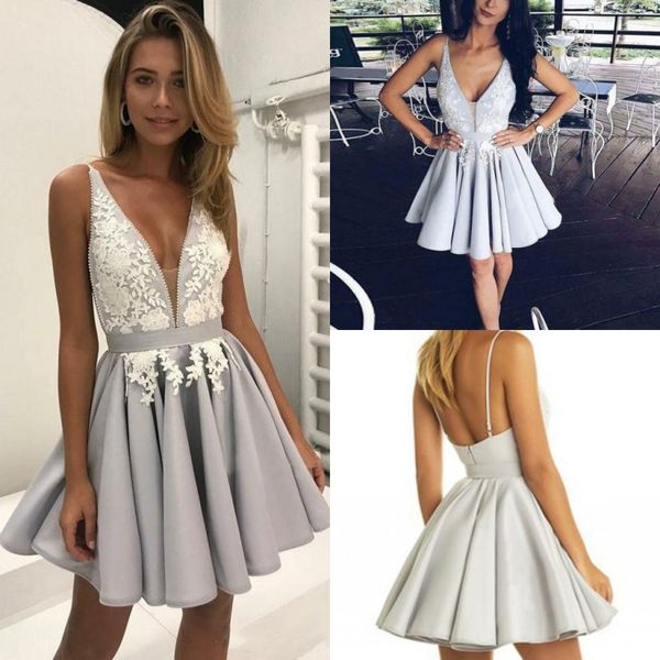 

gorgeous silver arabic homecoming dresses with white lace a line deep v-neck short graduation gowns chic cocktail dress for party wear, Blue;pink