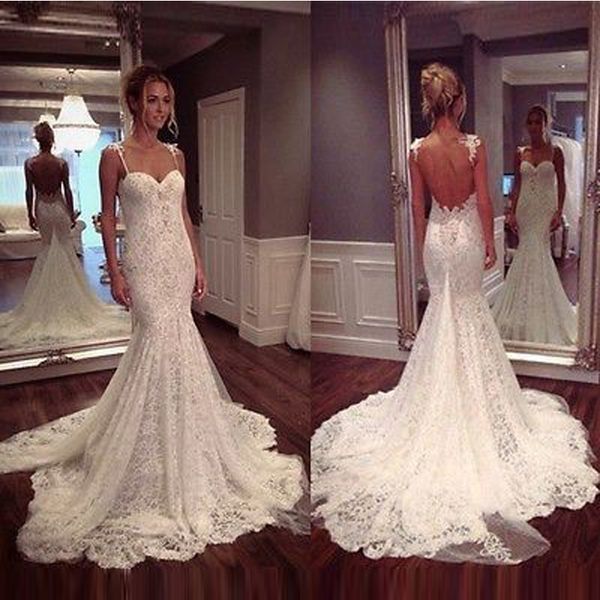 2017 elegant mermaid floor length full lace sweetheart wedding dress with spaghetti straps backless sweep train bridals gown ship, White
2017 elegant mermaid floor length full lace sweetheart wedding dress with spaghetti straps backless sweep train bridals gown ship, White