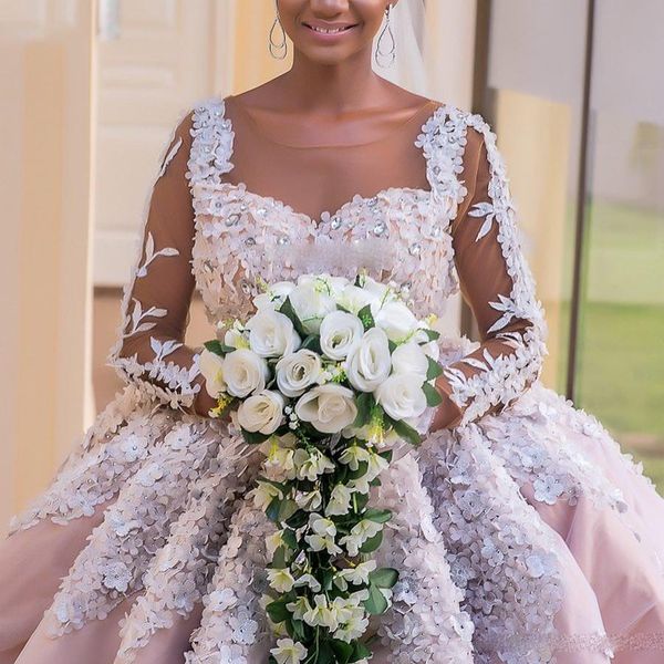 crystal beaded floral wedding dresses sheer neckline appliques long sleeves ball gown bridal dresses romantic a-line gorgeous wedding gowns, White 
crystal beaded floral wedding dresses sheer neckline appliques long sleeves ball gown bridal dresses romantic a-line gorgeous wedding gowns, White