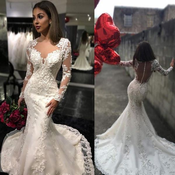 sheer jewel long sleeve mermaid wedding dresses lace applique bohemian wedding dress custom made bridal gowns plus size, White
sheer jewel long sleeve mermaid wedding dresses lace applique bohemian wedding dress custom made bridal gowns plus size, White