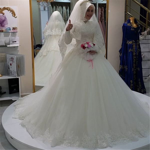 ball gown muslim wedding dresses high neck long sleeve lace tulle sweep train modest design bridal gowns custom size, White
ball gown muslim wedding dresses high neck long sleeve lace tulle sweep train modest design bridal gowns custom size, White