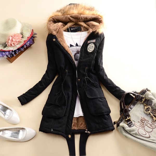 women parkas warm plus size hooded women coat fashion slim collar jackets female outwear ladies winter jacket coat, Black