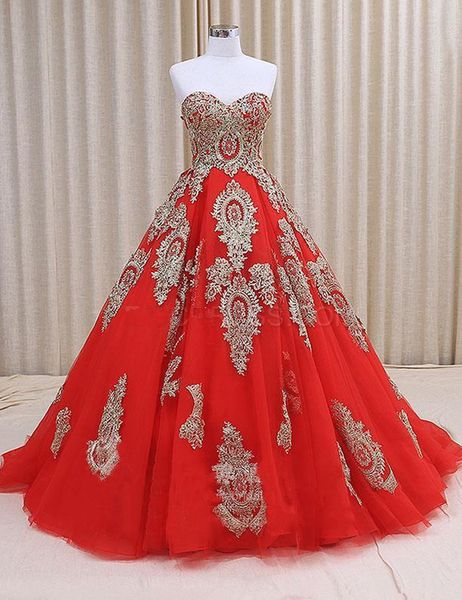 Gold and Red Wedding Dresses 2017 Fashion Ball Gown Sweetheart Appliques Lace Tulle Bridal Gowns Sweep Train Custom Size
Gold and Red Wedding Dresses 2017 Fashion Ball Gown Sweetheart Appliques Lace Tulle Bridal Gowns Sweep Train Custom Size