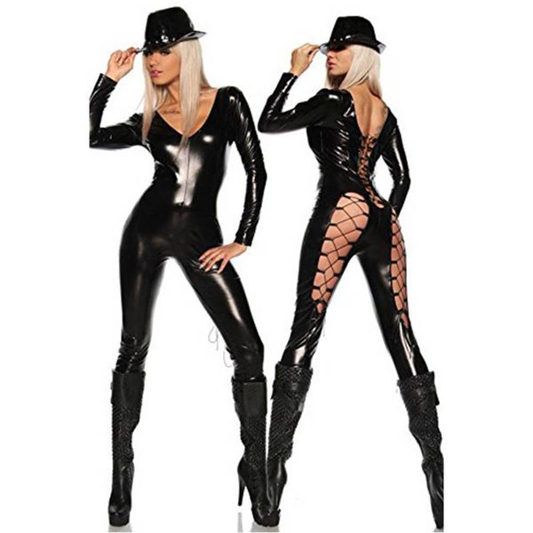 

wholesale- hu&gh faux leather catsuit bodysuit low cut lace up design women faux vinyl long jumpsuit nightclub bar costume, Black;white