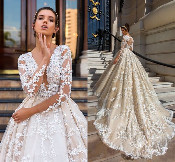 2017 luxury champagne a line tulle wedding dresses plunging v neck sheer long sleeve lace appliqued bridal gowns with long chapel train, White
2017 luxury champagne a line tulle wedding dresses plunging v neck sheer long sleeve lace appliqued bridal gowns with long chapel train, White