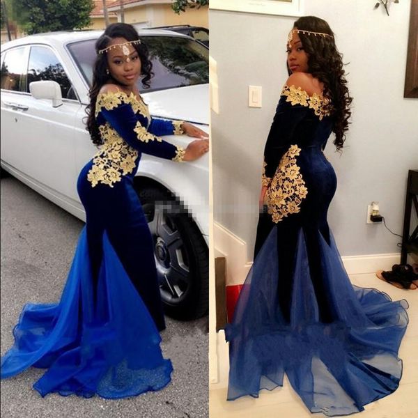 2019 new south africa long sleeves prom dresses elegant boat neckline floor length mermaid royal blue velvet evening gowns with gold lace, Black
2019 new south africa long sleeves prom dresses elegant boat neckline floor length mermaid royal blue velvet evening gowns with gold lace, Black