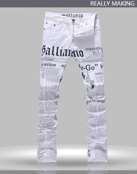 

wholesale-men's john males galliano punk rock nightclub ds dj newspaper printed pattern slim jeans motorcycle jeans, Blue
