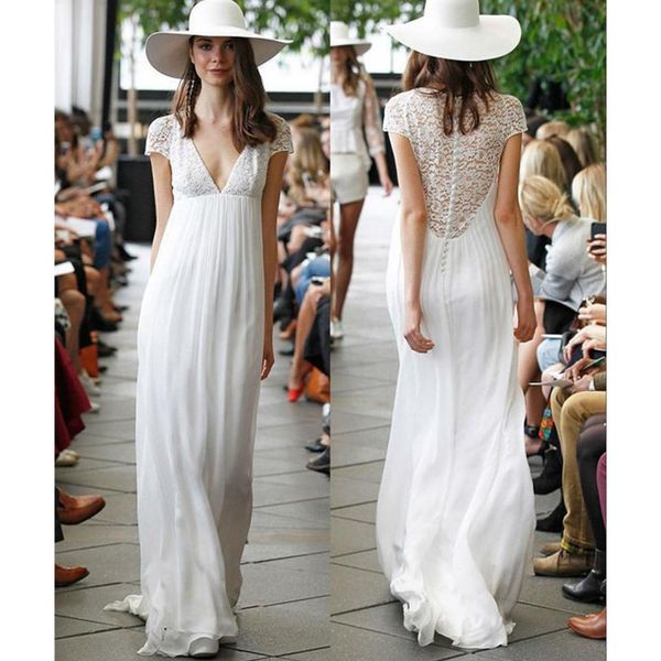 

2017 Summer Casual Wedding Dresses Deep V Neck Short Sleeve Lace Chiffon Empire Waist Bridal Gowns Vestidos de Noiva Custom Size