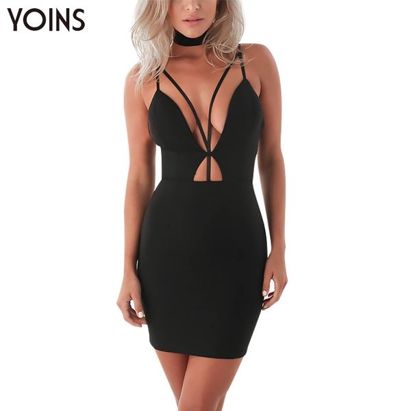 

wholesale- yoins sleeveless backless v-neck black cut out mini dress women fashion zip back bodycon mini party club dresses vestidos, White;black