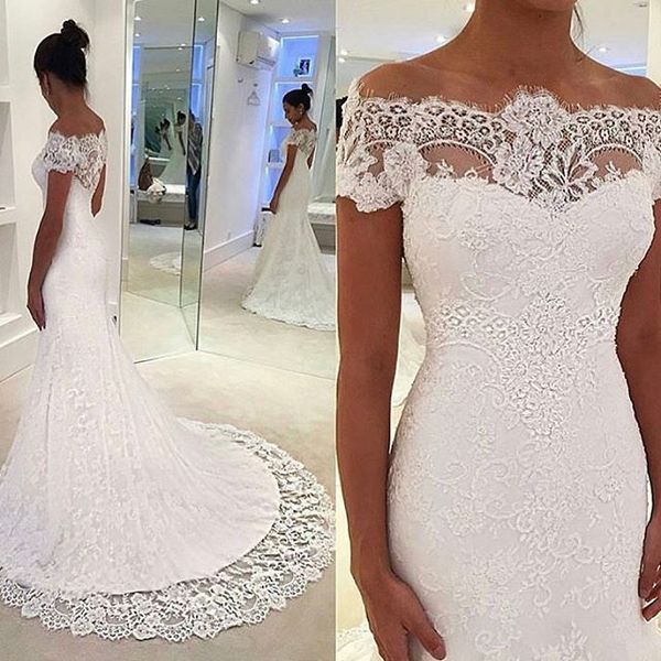 2018 vintage wedding dresses off shoulder short sleeves bridal gowns mermaid wedding dress, White
2018 vintage wedding dresses off shoulder short sleeves bridal gowns mermaid wedding dress, White