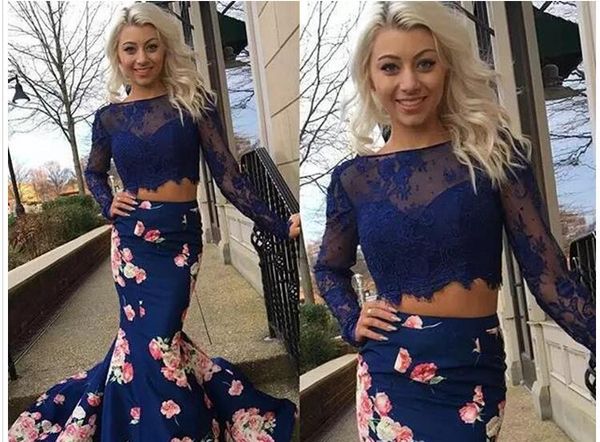 2017 fashion new style royal blue floral print long sleeves dresses custom made two pieces prom dresses, Black
2017 fashion new style royal blue floral print long sleeves dresses custom made two pieces prom dresses, Black
