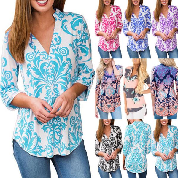 Womens Casual Flower Floral Print Tops Ladies Long Sleeved Blouse T-Shirt Shirt Tee