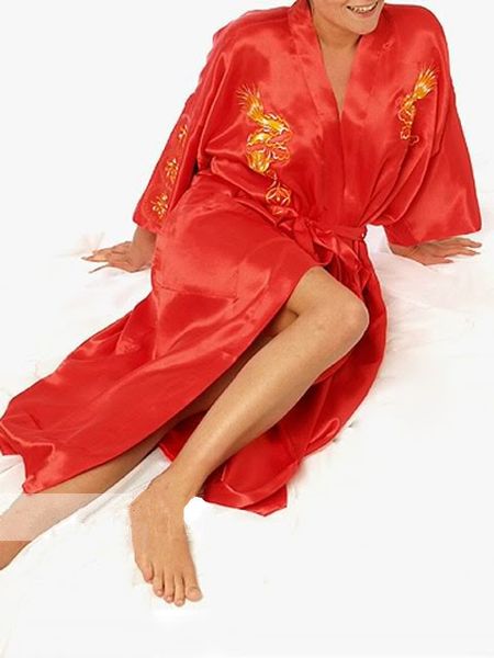 

wholesale- fashion new red chinese women's satin silk embroidery robe kimono bath gown dragon size s  l xl xxl xxxl s0010#, Black;red