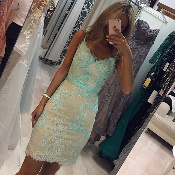 mint green lace short prom dresses v neck spaghetti straps sheath mini party dresses backless short evening gowns, Black
mint green lace short prom dresses v neck spaghetti straps sheath mini party dresses backless short evening gowns, Black