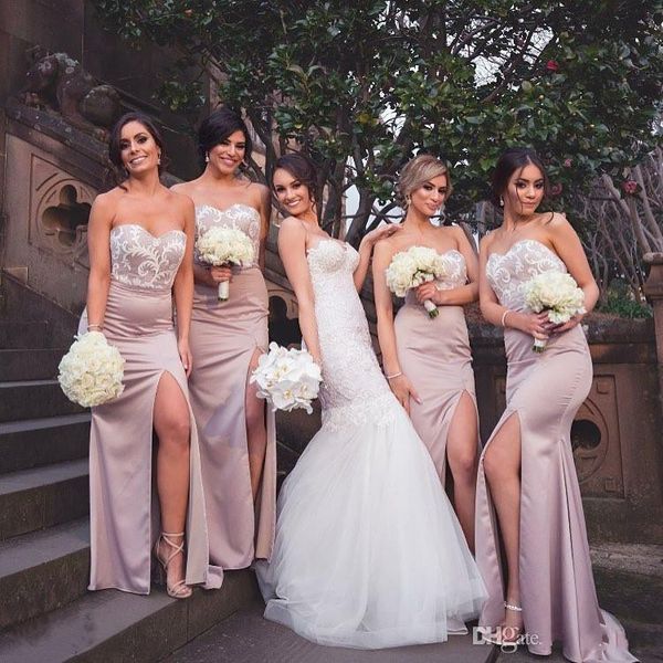 side split mermaid bridesmaid dresses 2017 strapless sweetheart lace low back long maid of honor gowns wedding guest dresses, White;pink
side split mermaid bridesmaid dresses 2017 strapless sweetheart lace low back long maid of honor gowns wedding guest dresses, White;pink