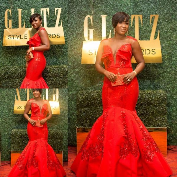 red mermaid prom dresses with sparkly appliques plus size sheer neck sleeveless evening gowns south african formal party vestidos, Black
red mermaid prom dresses with sparkly appliques plus size sheer neck sleeveless evening gowns south african formal party vestidos, Black