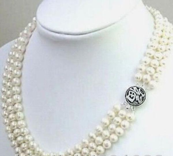 stuning new 3rows 7-8mm white freshwater cultured pearl necklace, Silver 
stuning new 3rows 7-8mm white freshwater cultured pearl necklace, Silver