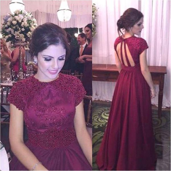 cap sleeve burgundy chiffon a-line formal evening dresses o-neck lace with pearls gorgeous long evening gowns backless african prom gown, Black;red
cap sleeve burgundy chiffon a-line formal evening dresses o-neck lace with pearls gorgeous long evening gowns backless african prom gown, Black;red