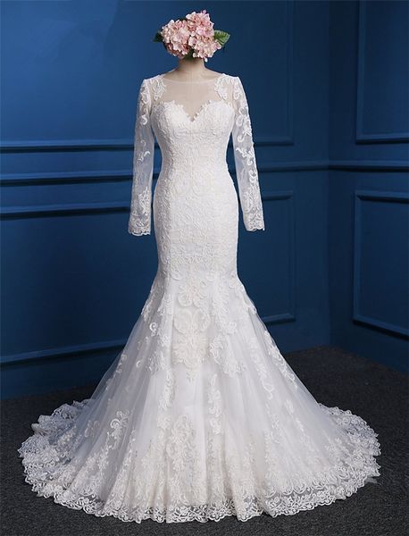 bateau neck tulle mermaid wedding dress with lace appliques 2019 romantic long sleeves bridal gowns custom made, White
bateau neck tulle mermaid wedding dress with lace appliques 2019 romantic long sleeves bridal gowns custom made, White