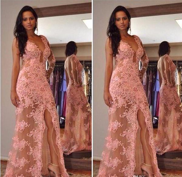 long illusion lace evening dresses side high split 2017 one-shoulder sheer floor length formal prom party gowns, Black;red
long illusion lace evening dresses side high split 2017 one-shoulder sheer floor length formal prom party gowns, Black;red