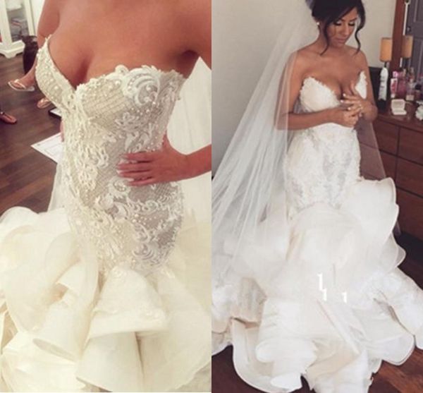 2018 new luxury mermaid wedding dresses sweetheart lace appliques beaded pearls chapel train tiered ruffles plus size formal bridal gowns, White
2018 new luxury mermaid wedding dresses sweetheart lace appliques beaded pearls chapel train tiered ruffles plus size formal bridal gowns, White