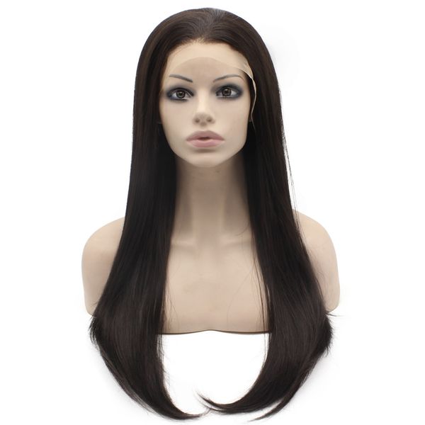 24" #2/6 mix brown silky straight heavy density heat safe fiber lace front synthetic hair wig with skin top, Black 
24" #2/6 mix brown silky straight heavy density heat safe fiber lace front synthetic hair wig with skin top, Black