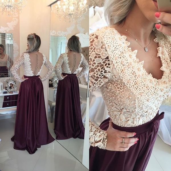 elegant a line burgundy evening dresses pearls lace see-through long sleeve button back sheer back formal prom dress, Black;red 
elegant a line burgundy evening dresses pearls lace see-through long sleeve button back sheer back formal prom dress, Black;red