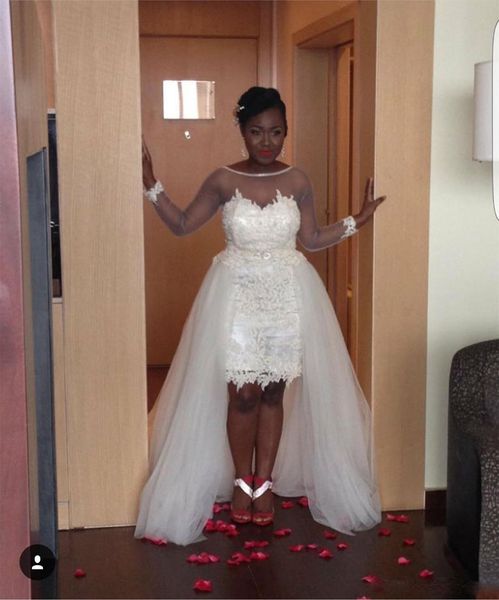 long sleeves sheer lace detachable skirt poet short wedding dress for little bride applique knee length african wedding dresses, White
long sleeves sheer lace detachable skirt poet short wedding dress for little bride applique knee length african wedding dresses, White