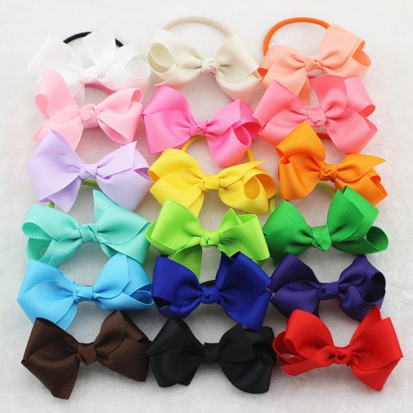 

wholesale- 6pcs 3" grosgrain ribbon hair bow with colorful elastic hair bands baby girl hairbow head ring accessories kids hair rope, Slivery;white