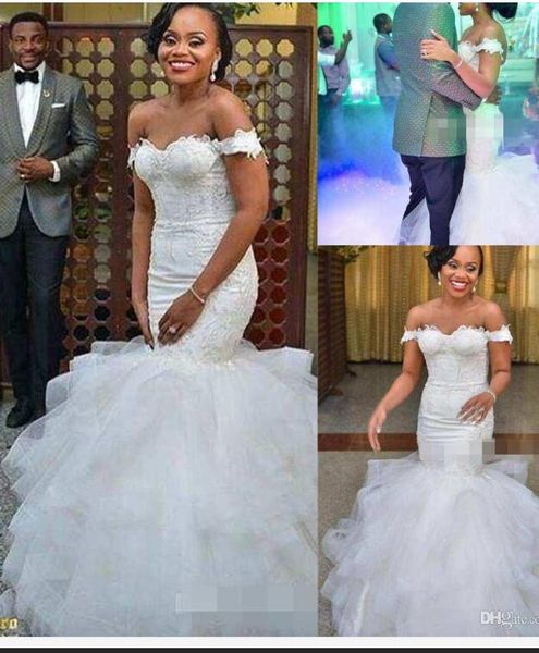 africa off the shoulder mermaid wedding dresses elegant applique ruffles chapel train tulle lace up custom made bridal gowns country style, White
africa off the shoulder mermaid wedding dresses elegant applique ruffles chapel train tulle lace up custom made bridal gowns country style, White