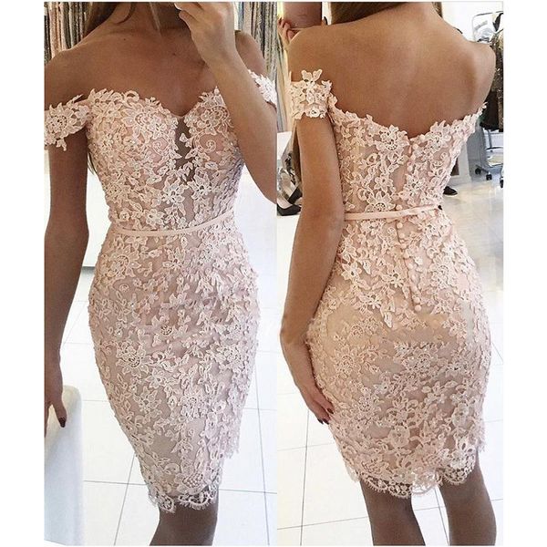 

2017 Cheap Blush Pink Lace Cocktail Dresses Off Shoulder Cap Sleeves Knee Length Crystal Short Sheath Celebrity Prom Party Homecoming Gowns