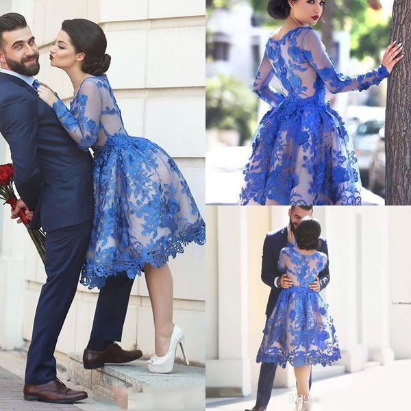 2017 royal blue short homecoming dresses long sleeves lace a line cocktail party gowns illusion back knee length prom dresses, Blue;pink
2017 royal blue short homecoming dresses long sleeves lace a line cocktail party gowns illusion back knee length prom dresses, Blue;pink