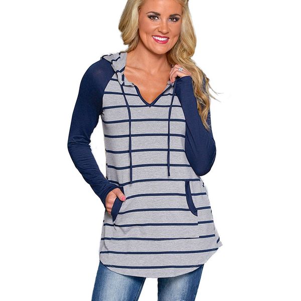 autumn winter women blue striped mid-length hooded sweater long-sleeved pocket t-shirt, White
autumn winter women blue striped mid-length hooded sweater long-sleeved pocket t-shirt, White