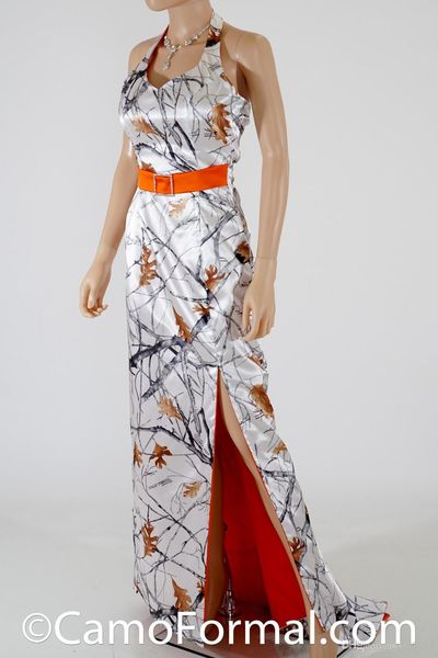 in stock camo prom dresses side split halter neck formal gown white snowfall true timber evening dresses with orange belt, Red
in stock camo prom dresses side split halter neck formal gown white snowfall true timber evening dresses with orange belt, Red