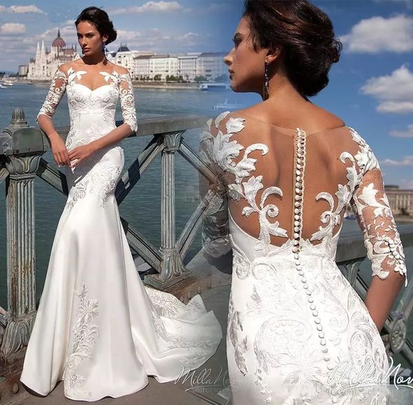 custom lace mermaid wedding dresses 2018 with half sleeves illusion back court train beach wedding bridal gowns, White
custom lace mermaid wedding dresses 2018 with half sleeves illusion back court train beach wedding bridal gowns, White