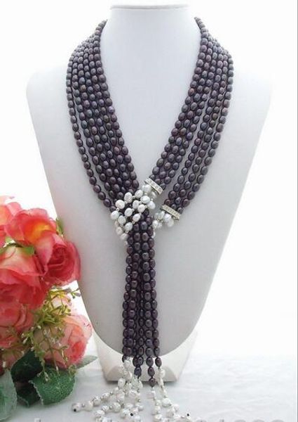 50" 3 strand black rice pearl&white keshi pearl necklace, Silver
50" 3 strand black rice pearl&white keshi pearl necklace, Silver