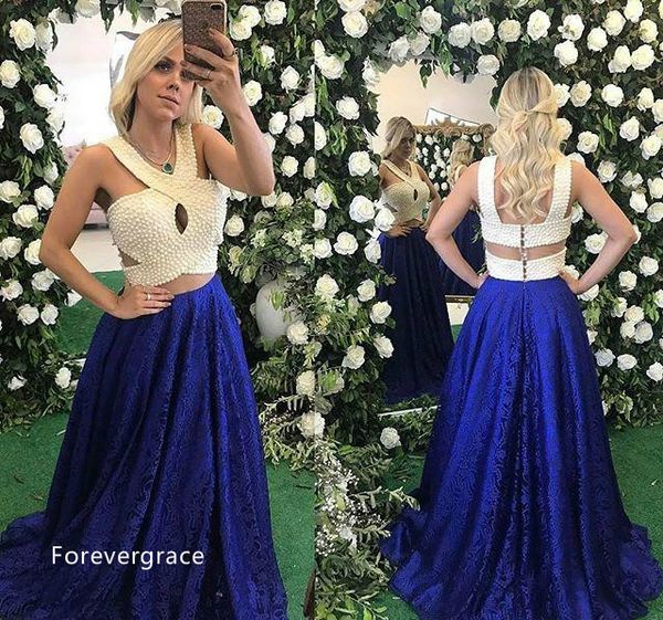 two pieces lace evening dress modest luxury pearls royal blue a line sleeveless long formal party gown custom made plus size, Black;red
two pieces lace evening dress modest luxury pearls royal blue a line sleeveless long formal party gown custom made plus size, Black;red