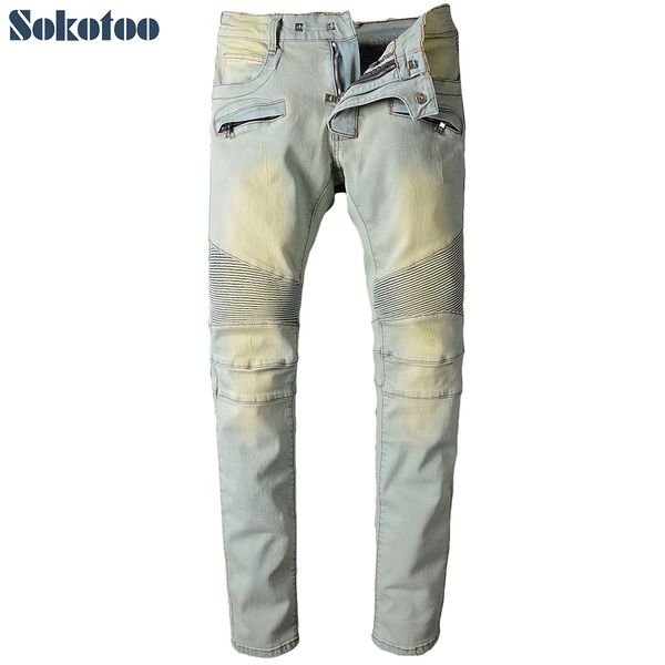 wholesale- sokotoo men's light color pleated biker jeans for moto casual slim straight stretch denim pants long trousers, Blue
wholesale- sokotoo men's light color pleated biker jeans for moto casual slim straight stretch denim pants long trousers, Blue