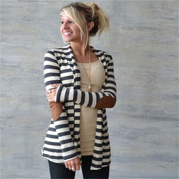 wholesale-black and white striped elbow patching pu leather long sleeve knitted cardigan slim loose sweater outwear xy3045, White;black
wholesale-black and white striped elbow patching pu leather long sleeve knitted cardigan slim loose sweater outwear xy3045, White;black