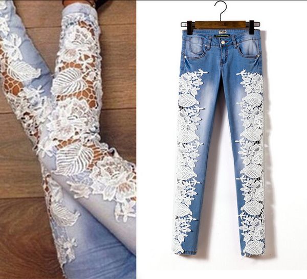 wholesale- fashion lace side skinny trousers hollow out full length jeans denim pencil pants for women feminino plus size, Blue
wholesale- fashion lace side skinny trousers hollow out full length jeans denim pencil pants for women feminino plus size, Blue