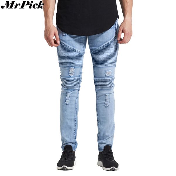 

wholesale- mrpick new men ripped distressed biker jeans 2017 urban classic 5 styles skinny hole pencil stretch jeans, Blue