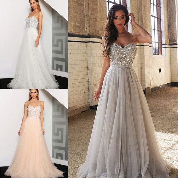 

elegant long a line tulle prom dresses spaghetti straps beaded sweetheart formal evening gowns floor length celebrity dress, Black