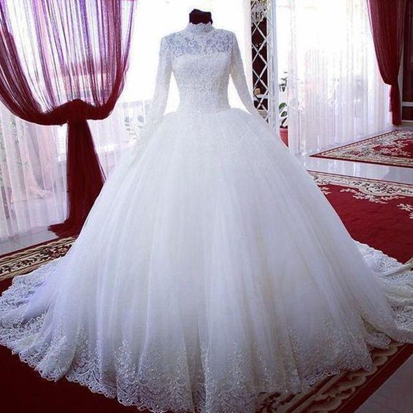 long sleeves high neck muslim wedding dresses ball gown lace tulle sweep train luxury bridal gowns custom size, White
long sleeves high neck muslim wedding dresses ball gown lace tulle sweep train luxury bridal gowns custom size, White