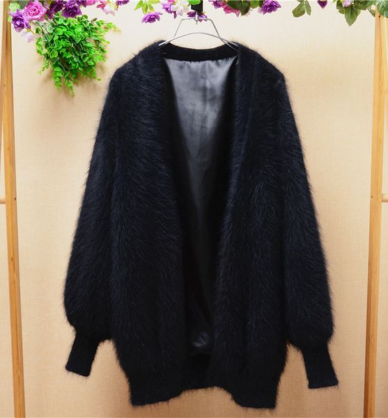 Autumn and winter Casual Ladies women black Long lantern Sleeves rabbit hair angora Outwear loose mink cashmere cardigan sweater coat WT-37