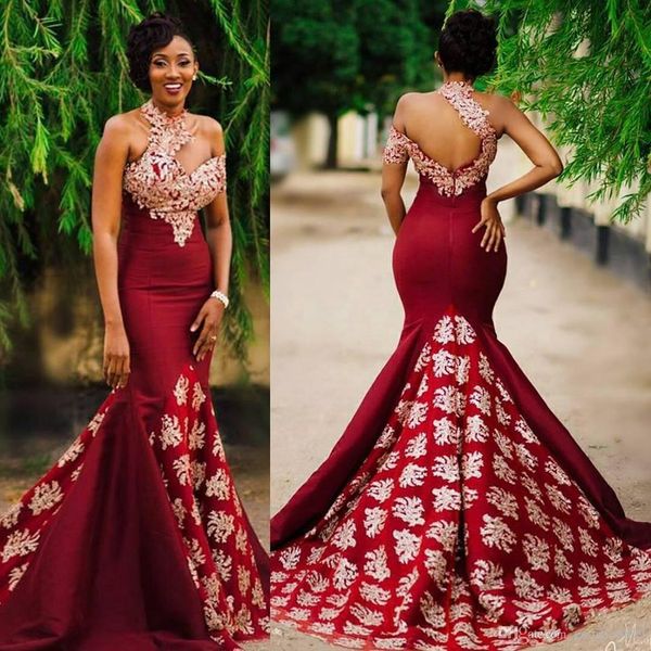 aso ebi style dark red mermaid evening pageant dresses 2019 modest lace high neck backless sweep train trumpet africa prom party gowns, Black;red
aso ebi style dark red mermaid evening pageant dresses 2019 modest lace high neck backless sweep train trumpet africa prom party gowns, Black;red