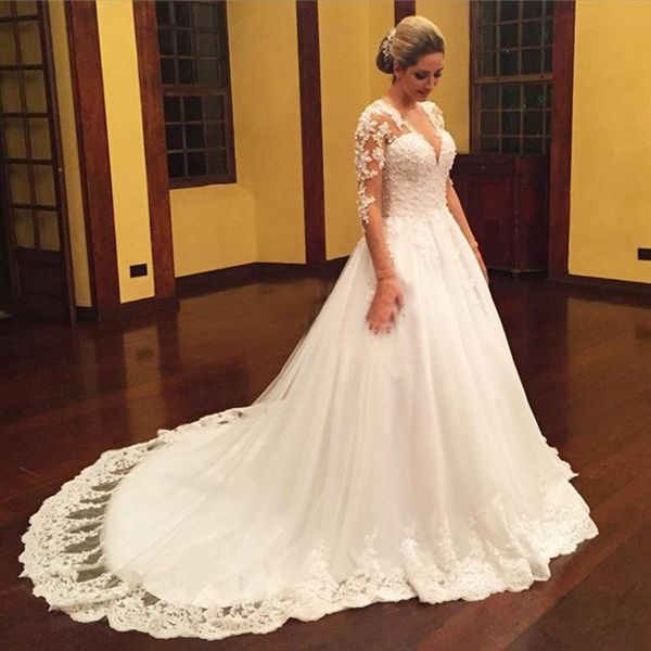 long illusion sleeves deep v neck wedding dresses a line 2019 modern design bridal gowns sweep train custom size, White
long illusion sleeves deep v neck wedding dresses a line 2019 modern design bridal gowns sweep train custom size, White