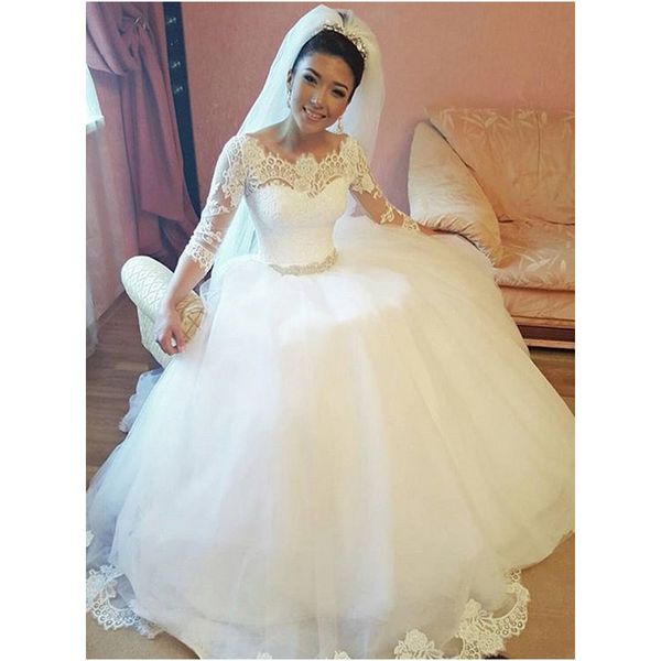 three quarter sleeve wedding dresses ball gown scalloped neck beaded waist lace tulle floor length bridal gowns custom size, White
three quarter sleeve wedding dresses ball gown scalloped neck beaded waist lace tulle floor length bridal gowns custom size, White
